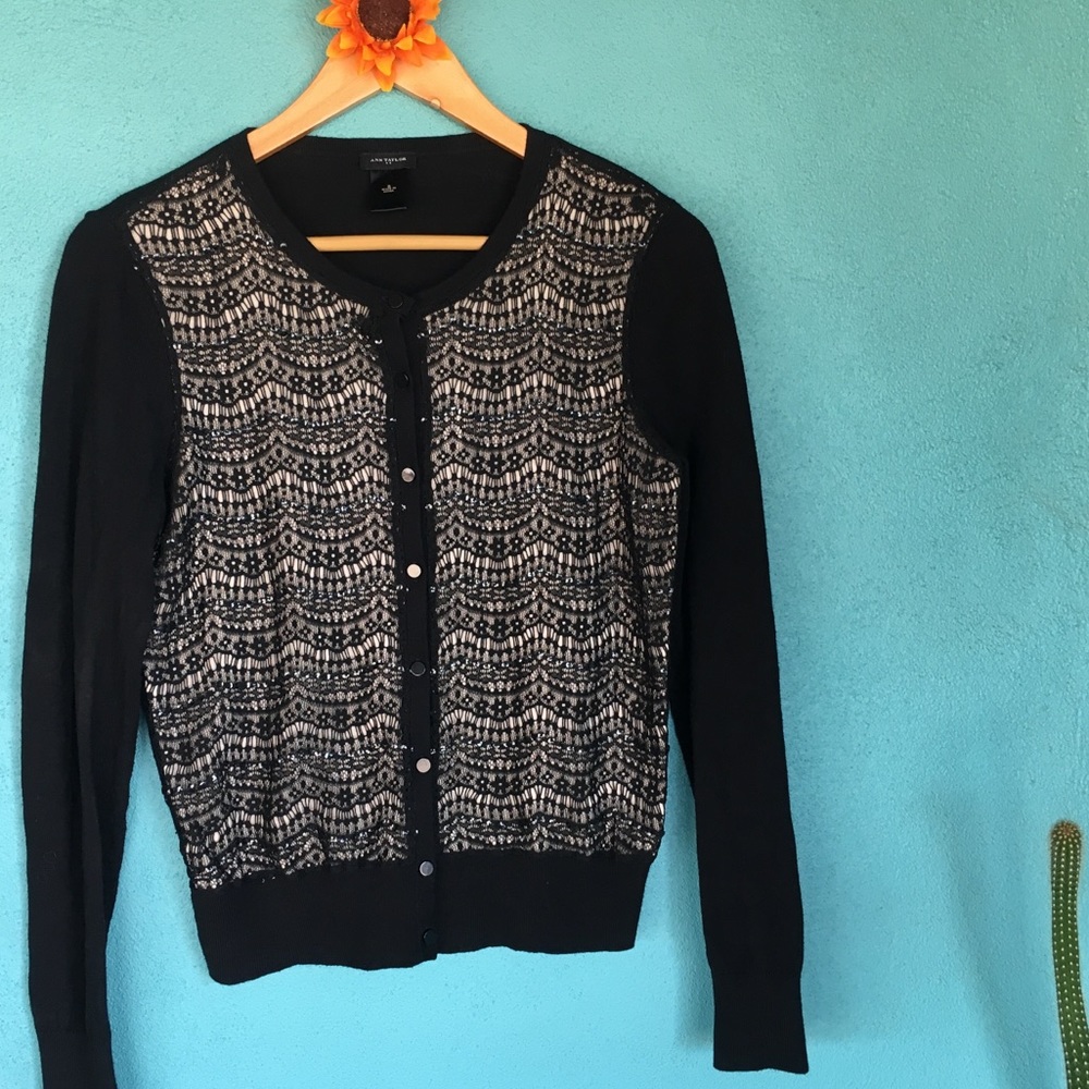 Ann Taylor cardigan with black lace and sequins